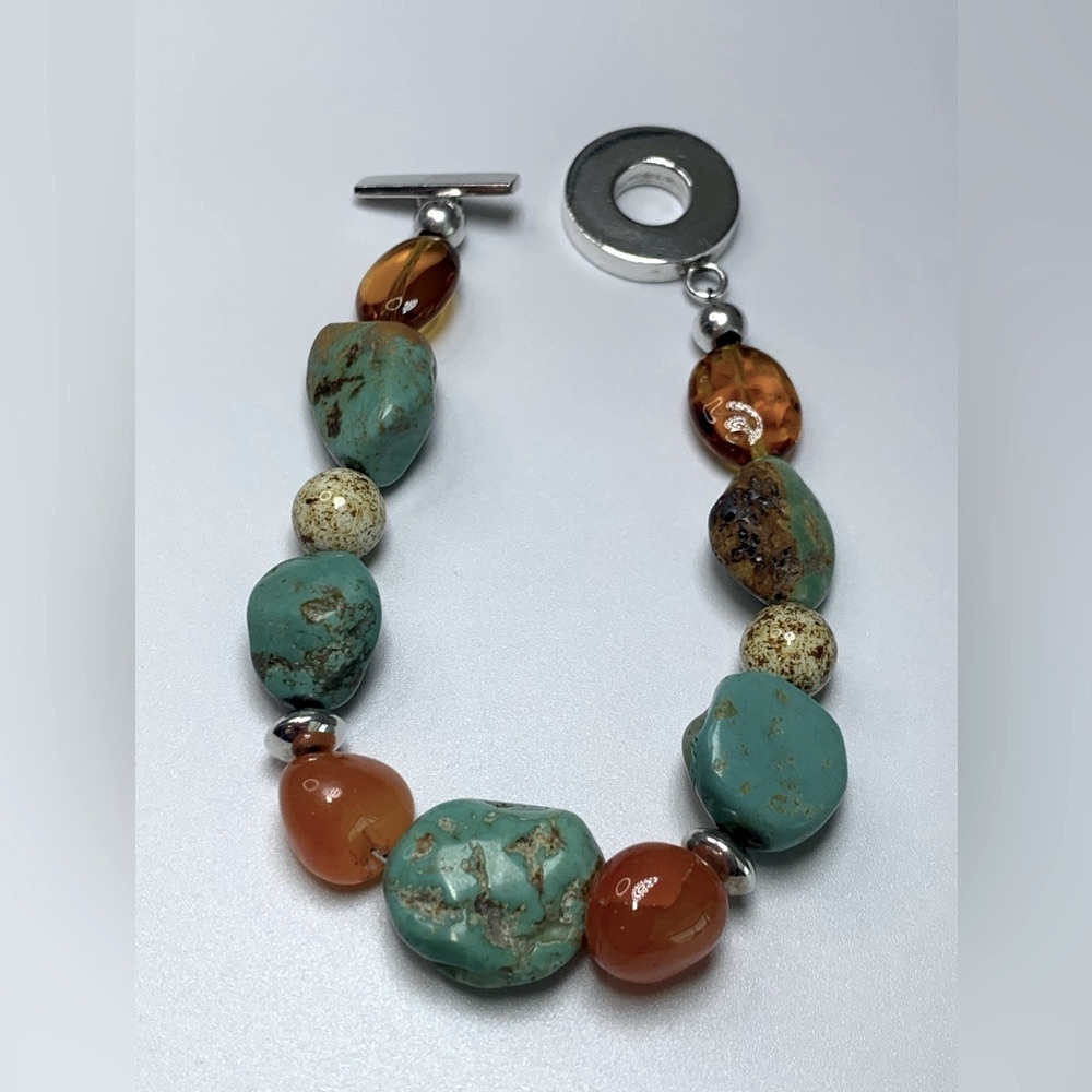 Vintage RAGE Sterling Silver, Turquoise & Carnelian Toggle Clasp Beaded Bracelet - Picture 12 of 15